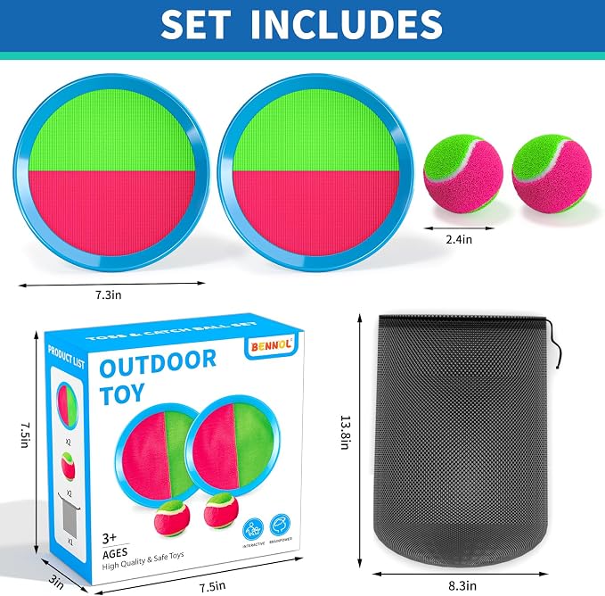 Bennol Toss and Catch Ball Game Outdoor Toys for Kids with 2 Paddle 2 Balls and A Storage Bag Outdoor Outside Games for Kids Ages 3 4 5 6 7 8 9 10 Yard Backyard Beach Outside Games Bulk Set