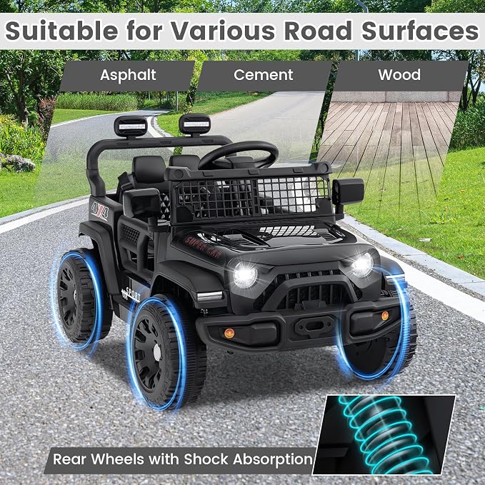 OLAKIDS 12V Ride On Truck, Battery Powered Electric Vehicle for Kids with Remote Control, Foldable Reflective Mirror, Spring Suspension, Music, LED Lights, Ride on Toy for 3+ Boys Girls (Black)