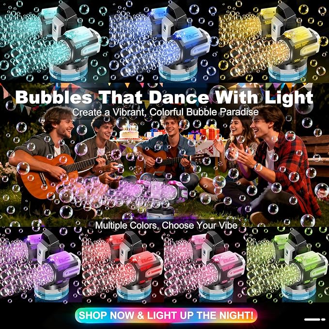Rechargeable Bubble Machine with RGB Lights: 30,000 Bubbles Storm, Auto 360° Rotation & Remote Control - with Bubble Refill Solution & Power Display for Romantic Weddings, Kids Parties, Outdoor Fun