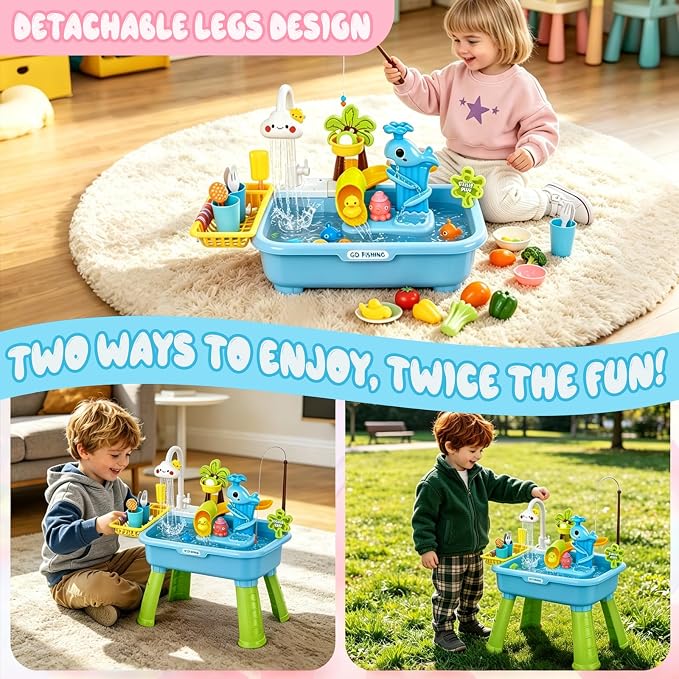 2026 Upgraded Water Table for Toddlers 1-3, Outdoor Water Play Table for Kids Ages 4-8 with Pump, Toddler Water Table, Play Sink with Running Water, Kitchen Sink Toy, Fishing Game, Sensory Table, Blue