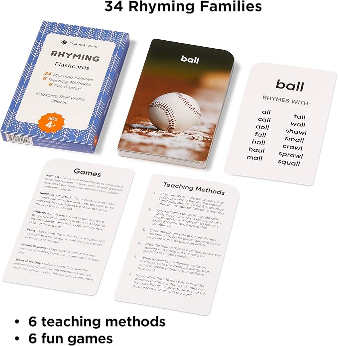 Award-Winning Rhyming Words Flash Cards for Kids Ages 4-8 – Master Phonics, Spelling & Word Families – 36 Durable Cards for Kindergarten, 1st, 2nd & 3rd Grade