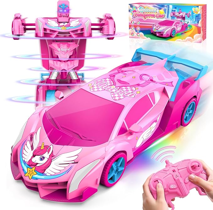 Pink Unicorn Transform RC Cars for Girls Toys with Rainbow Eyes & Underbody Lights, Fast 360°Rotation & 2.4GHz Robot Remote Control Car One-Button Deformation,Birthday Gifts for 3-12 Year Old Girls