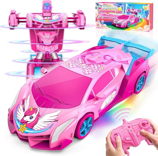 Pink Unicorn Transform RC Cars for Girls Toys with Rainbow Eyes & Underbody Lights, Fast 360°Rotation & 2.4GHz Robot Remote Control Car One-Button Deformation,Birthday Gifts for 3-12 Year Old Girls