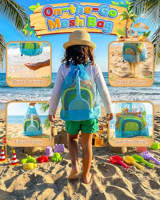 30PCS Beach Toys for Kids Ages 3-10, All-in-One Sand Toy Set with 2 Collapsible Buckets, Mesh Bag for Easy Packing, Trucks, Sea Animal Molds, Shovels & Sieves for Beach, Sandbox & Snow Play