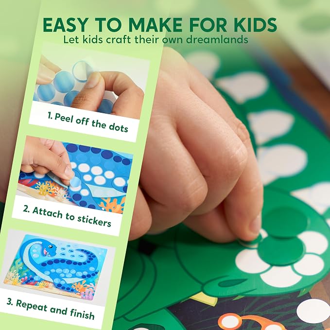 Klever Kits Dot Art Kit for Kids, No Mess Sticker for Toddler 3-7, Craft Kits, DIY Creative Activity, Travel Toy, Birthday Gifts for Boys Girls (Dinosaur)