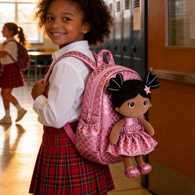 Lazada Toddler Backpack - Baby Girl Gifts Plush Doll Dress Backpack - Fashion Girls Tina Fish Scale Series - Rose Red11 Inches