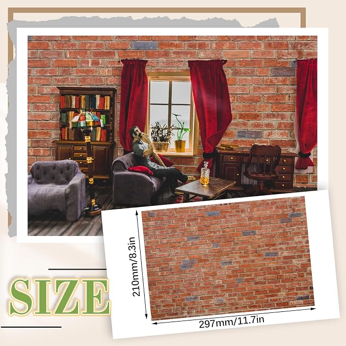 Flutesan 12 Pcs Miniature Dollhouse Wallpaper and Flooring Peel and Stick Mini DIY Self Adhesive Dollhouse Accessories 8.27 x 11.69 Inch (Red Clinker)