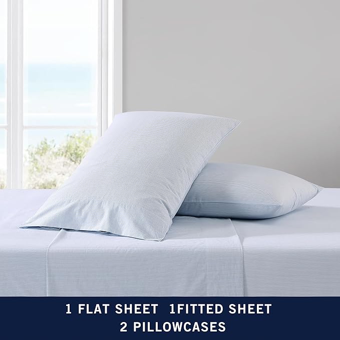 Nautica – Twin Size Sheet Set, Crisp Cotton Percale Bedding with Matching Pillowcase, Lightweight & Breathable Bed Sheets, Deep Pocket, College Dorm Room Essentials (Penny Pinstripe Blue)
