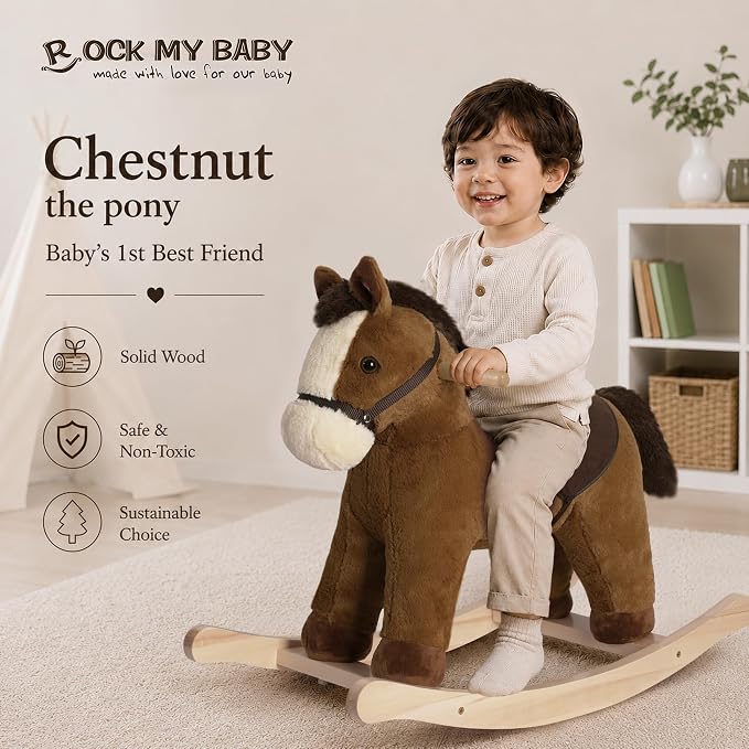 Rock My Baby Rocking Horse, Dark Brown Horse Rocker for Toddlers 18M+, Plush Ride on Horse Toy with Realistic Sound,Soft Stuffed Filling, CPC Certified