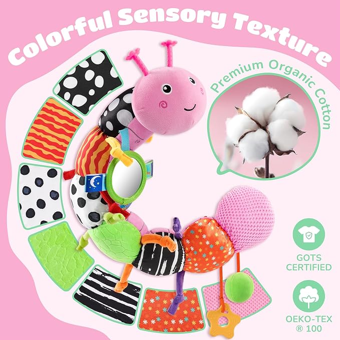 AWOTOY Baby Sensory Toys Music Caterpillar Plush Infant Toys 0 6 12 Months | Stuffed Animals Tummy Time Teething Toys with Mirror Pull String Rattle Baby Toys for Newborn Boy Girl Shower Birthday Gifts
