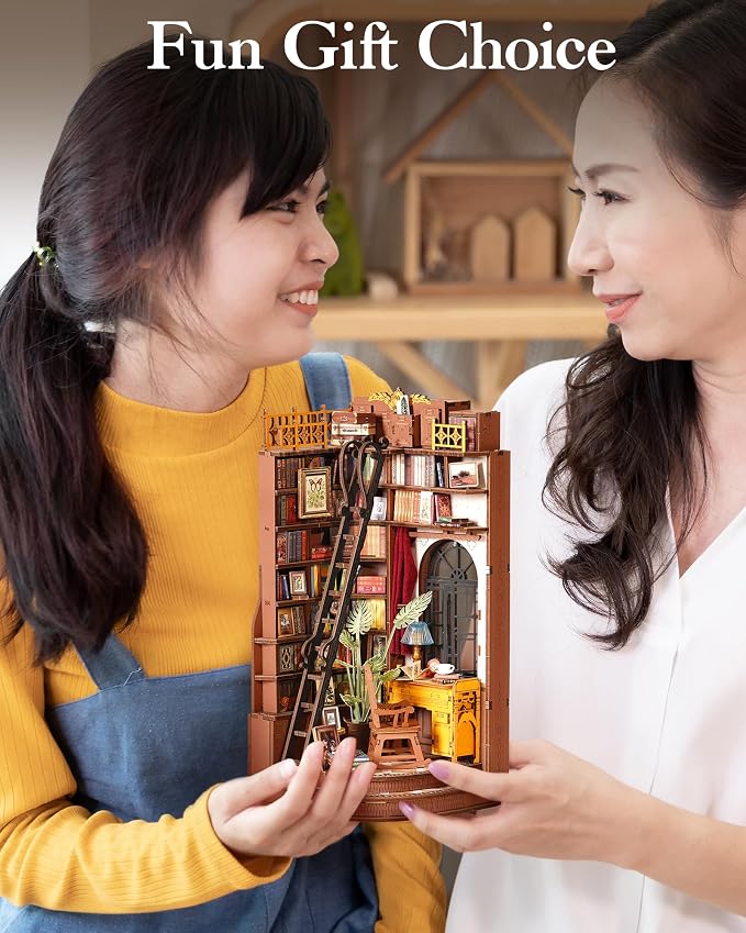 ROBOTIME Book Nook Kit, DIY Miniature House Kit, 3D Wooden Puzzle Bookends,Bookshelf Decor, Simple Assembly Dollhouse Kit, Creative Unique Gifts for Adults/Teens/Beginner (Silent Corner Study)
