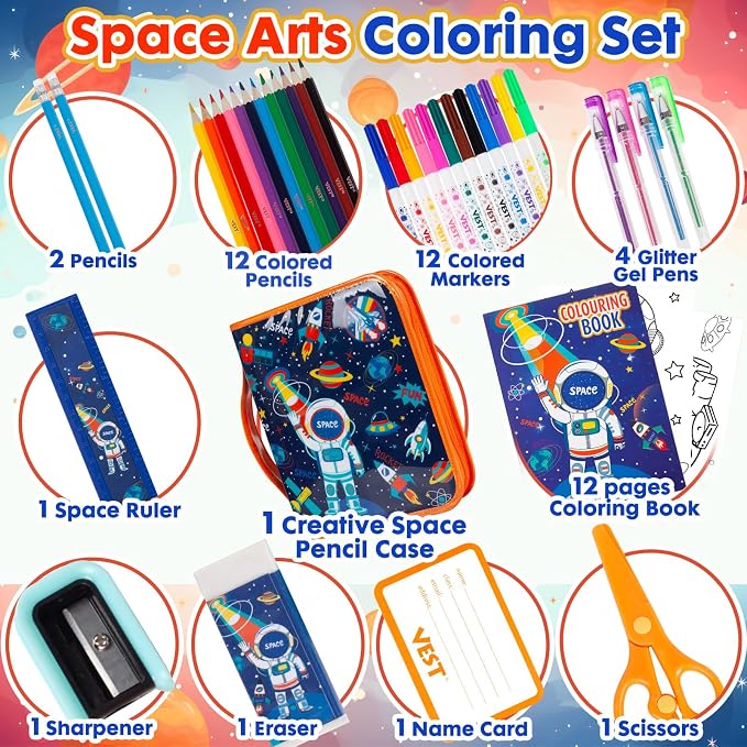 Washable Markers Set with Glitter Pencil Case, Art Supplies for Kids Ages 4-6-8, Arts Crafts Travel Coloring Kit for Boys 4 5 6 7 8 Year Old Birthday Gifts