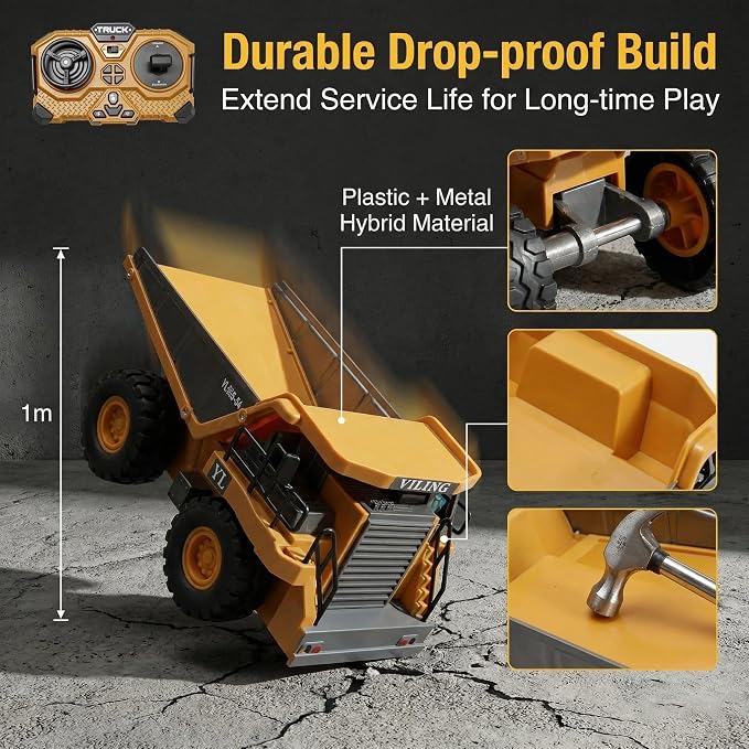 RC Dump Truck Toy, Remote Control Construction Vehicle with Tipping Bed, All-Terrain Off-Road Truck for Sandbox Indoor Outdoor, Gift for Kids & Boys Dozer withLights & Sounds 1:20 Scale Construction