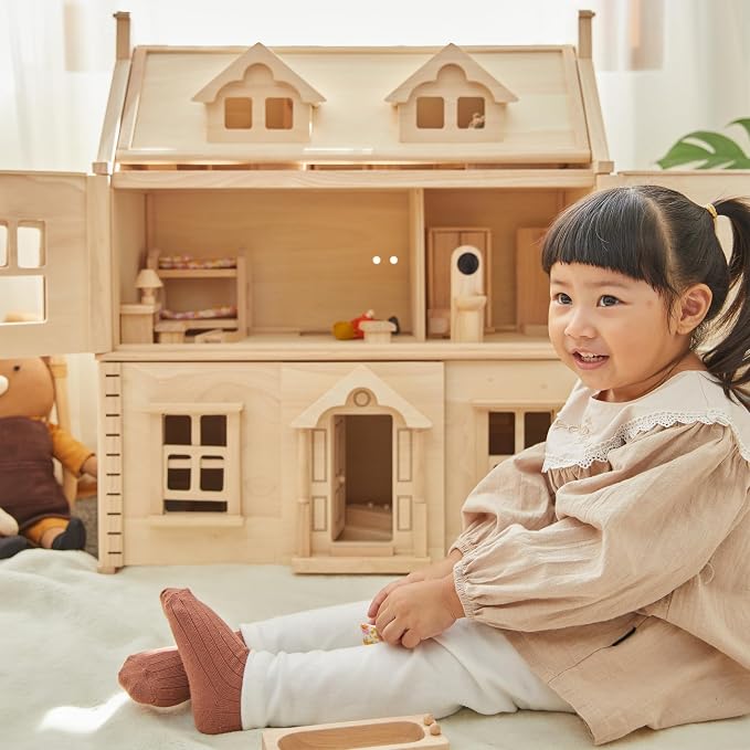 PlanToys® Victorian Wooden Dollhouse | 3-Story Large Doll House with Attic, Opening Panels & Sliding Windows | Pretend Play Dollhouse Compatible with 1:12 Scale Furniture & Wooden Dolls