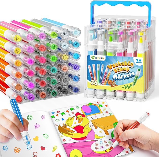 D-FantiX 36 Colors Washable Markers for Kids Ages 4-8, Stamp Markers with Coloring Books, Arts and Crafts, Airplane Car Road Trip Activities Travel Set, Art Supplies Gifts for Toddlers Girls Boys