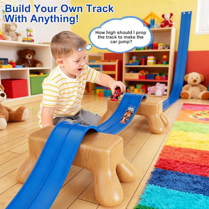 Flexible Race Track Toys for Kids: 20 Ft Flex Race Car Ramp Track with Suction Cups - Rolls Up Portable DIY Racetrack with 4 Racing Cars- Birthday Gifts for Boys Girls Ages 3+ (Dark Blue)