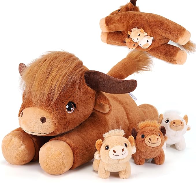 gnomantic Highland Cow Stuffed Animals with Babies, Mommy Toy for Kids | 5-Piece set: 1 mommy highland cow + 3 surprise babies inside. Unzip belly to reveal babies. Ultra-soft, safe for ages 3-8.