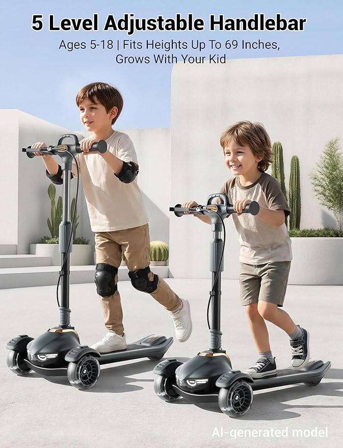 Large Kids Scooter, Toddler Scooter for Kids 3-18 & Adults, Safe Dual Brakes (Foot Brake/Hand Brake) & Music with Lights, 5-Level Adjustable & One-Click Folding Kick Scooter.