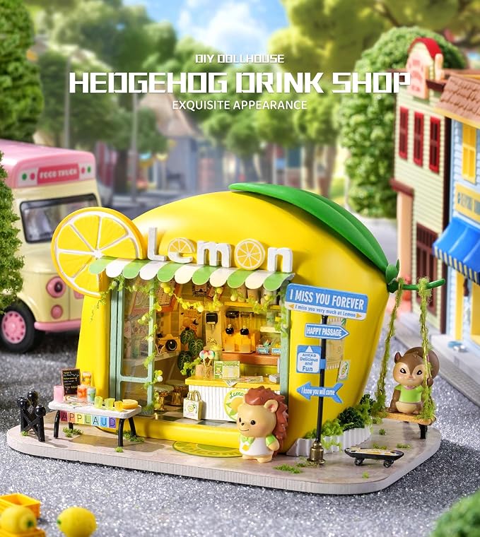Roroom DIY Miniature House Kit, Hedgehog Drink Shop Book Nook Kit with LED Light,3D Wooden Puzzle Miniature Dollhouse Kit for Bookshelf Decor-Creative Crafts for Family and Friends