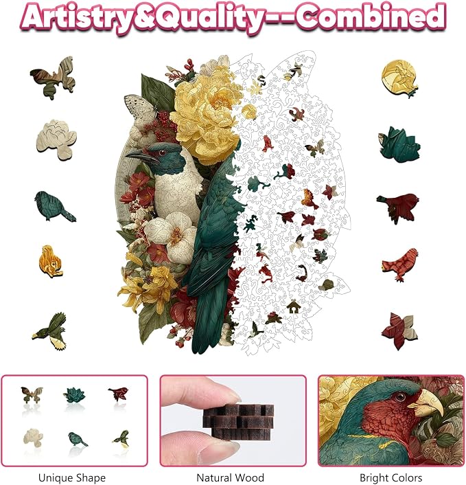 Leodozzio Nature Birds Wooden Jigsaw Puzzles 500 Pieces, Stained Glass Puzzle, 5MM Thick Unique Shaped Bird Flower Wooden Puzzle for Adults, Nautical Art Gift, Family Game, 14.1x18.3 Inch