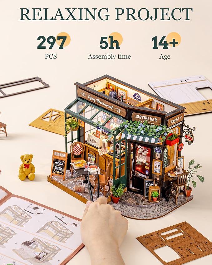 Rolife DIY Miniature House Kit for Adults, Tipsy Restaurant Mini Wooden Dollhouse Kit, 1:18 Tiny House Diorama Building Kits Birthday Craft Home Decor Hobbies Gift for Family Friends
