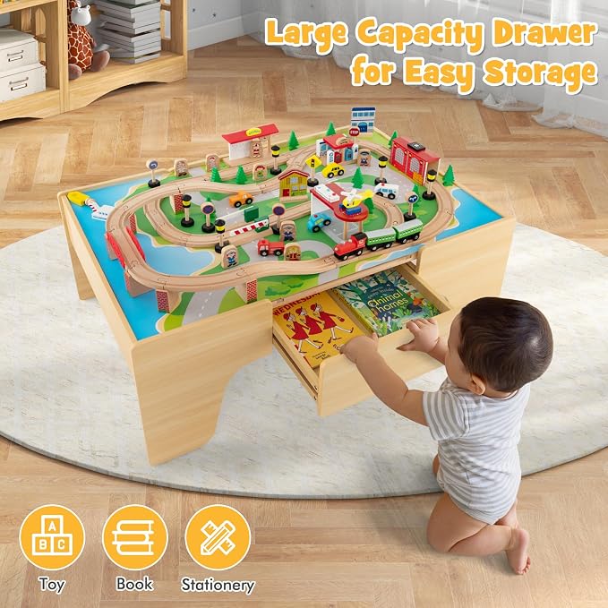 HONEY JOY Train Table, Wooden Kids Activity Table with Storage, 84 Multicolor Pieces, Tracks, Trains, Cars, Toddler Toy Train Table Set w/Reversible Tabletop, for Boy Girl Ages 18 Months+, Natural