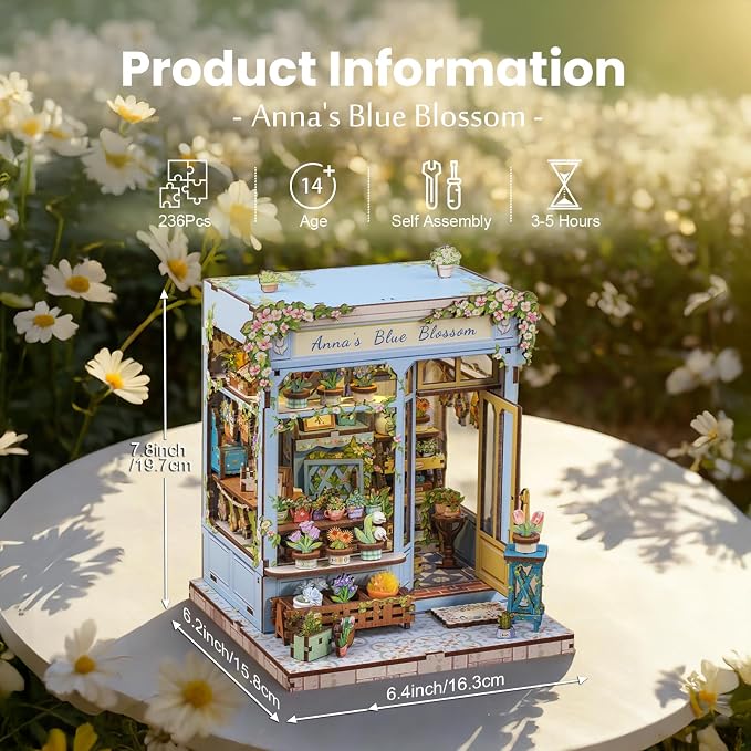 Fsolis Book Nook Kit - DIY Scene Miniature Kit for Adults, Booknook 3D Puzzles 255PCS, Tiny House Mini Flower Shop Model Bookshelf Trinkets, Gifts for Women Puzzle Lovers (Anna's Blue Blossom)
