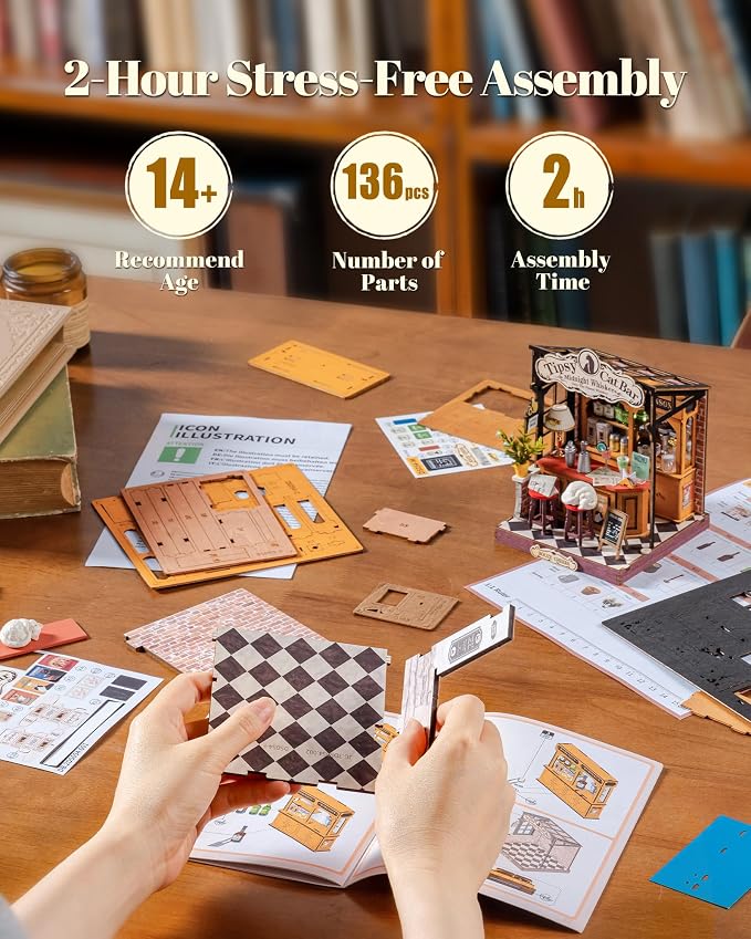 Robotime DIY Miniature House Kit for Adults, 1:28 Diorama Dollhouse with LED Lights, 3D Wooden Puzzles for Adults, Creative Crafts & Unique Gift for Craft Enthusiasts (Tipsy Cat Bar)