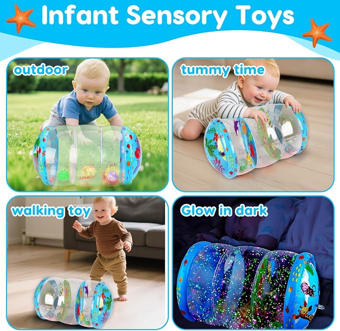 Crawling & Walking Baby Toys 6-12 Months Glowing Jumbo Inflatable Rolling Infant Toy 6 7 8 9 10 12-18 Month Old Tummy Time Sensory Development Light Up Toys for 1 2 Year Old Boy Girl Birthday Gifts
