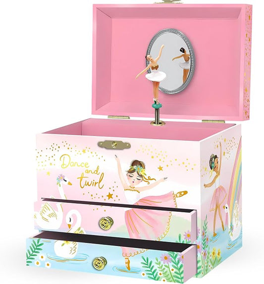Giggle & Honey Musical Ballerina Jewelry Box for Girls - Kids Music Box with Spinning Ballerina, Ballet Birthday Gifts for Little Girls, Jewelry Boxes, 6.8 x 5.3 x 6 in - Ages 3-10, Pink