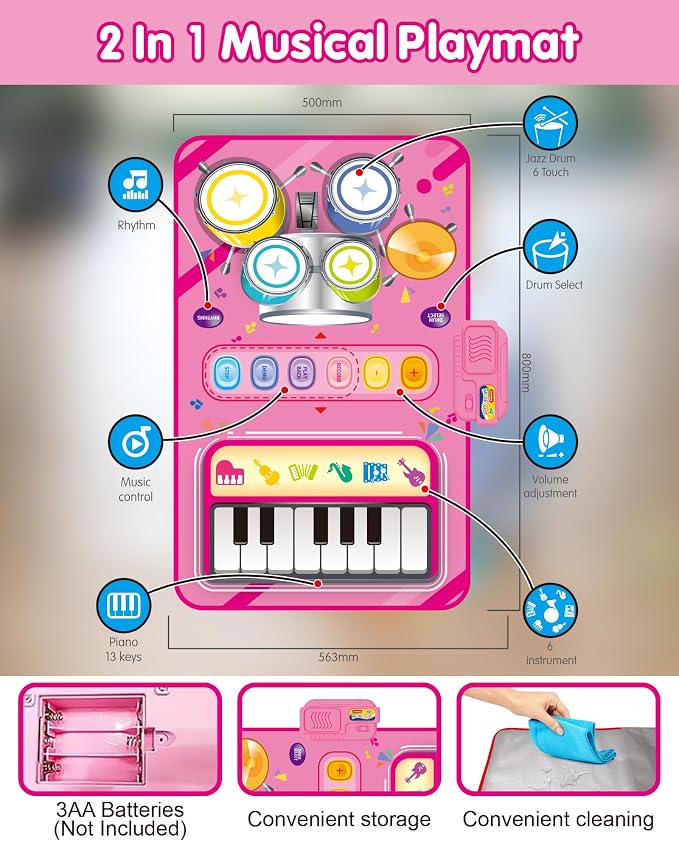 DQMOON Toys for 1 Year Old Girl Gifts, Baby Musical Mat with Piano & Drum, Adjustable Volume, 12-18 Months Toddler Toys, Christmas Birthday Easter Gifts for 1-2 Year Olds Boys Girls (Pink)