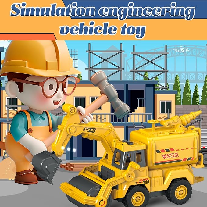 3-in-1 Construction Truck Toy, Excavator & Road Roller Combo with Water Spray Function, Inertia-Powered Push-and-Go, Working Digger Arm & Rolling Drum, Outdoor Sandbox Vehicle for Boys Girls Age 3+