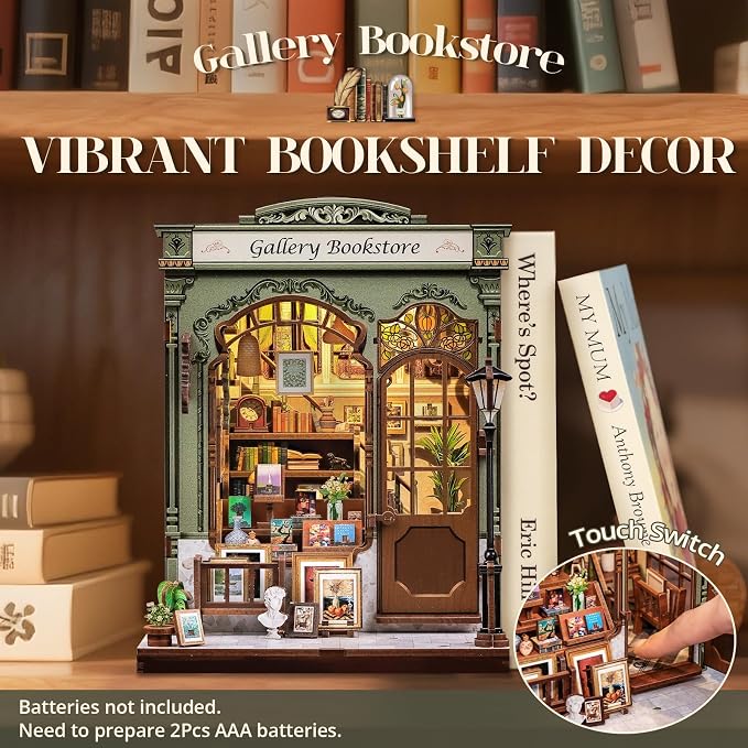 Cutefun Book Nook Kit - DIY Miniature Dollhouse Kit for Adults and Teens, 3D Wooden Puzzle Bookshelf Insert Decor with LED Light, Gifts for Book Lovers and Beginners (Gallery Bookstore)