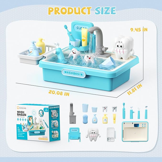 Play Sink with Running Water, Toy Sink Auto Water Cycle System, Play Sink Toys for 2 3 4 Year Old Boys, Dentist Play Set with Oversize Teeth, Pretend Play Toys, Birthday Gifts for 2 3 4 Year Old