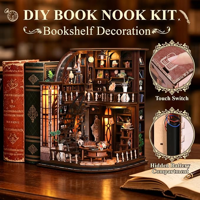 SUNNINO Library Book Nook Kits for Adults, DIY Miniature Dollhouse Bacchus Book Nook Kit, 3D Wooden Puzzle Bookshelf Decor Craft Kits Gift with Led Light for Friend Family