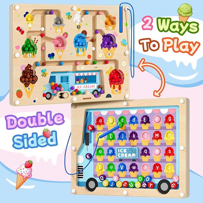 2 in 1 Magnetic Maze Board for Kids Montessori Toys Double-Sided Counting Magnetic Alphabet Letters ABC Magnets Puzzles 3-5 Age Boys and Girls Birthday Gifts
