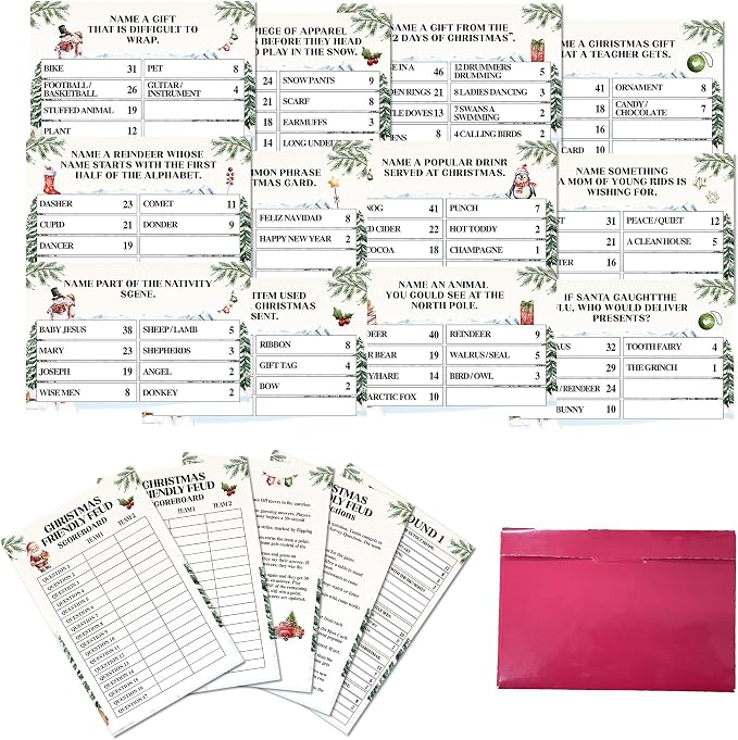 Christmas Friendly Feud Game, Holly Pine Tree Themed Party Game for Family, Winter Party Supplies and Activities Decorations, Holiday Trivia Games for Large Groups, 1 Pack(04)