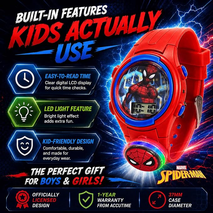 Marvel Spider-Man Kids Watches – Digital Display, Interactive Features, Adjustable Strap, Vibrant Spider-Man Graphics, Durable for Active Kids