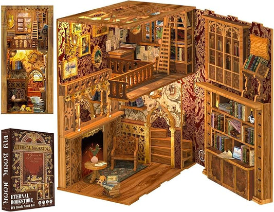 Cutefun Book Nook Kit Library, DIY Miniature Booknook Kit for Adults, 3D Wooden Puzzle Bookend Bookshelf Decor with LED Light & Dust Cover Christmas Crafts Gifts for Book Lovers (Eternal Bookstore)