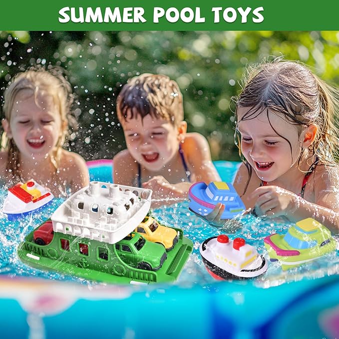 Ferry Boat Bath Toy with Mini Cars, Floating Water Play Set with Boat Squirters for Toddlers 1–3 & Kids Ages 4–8