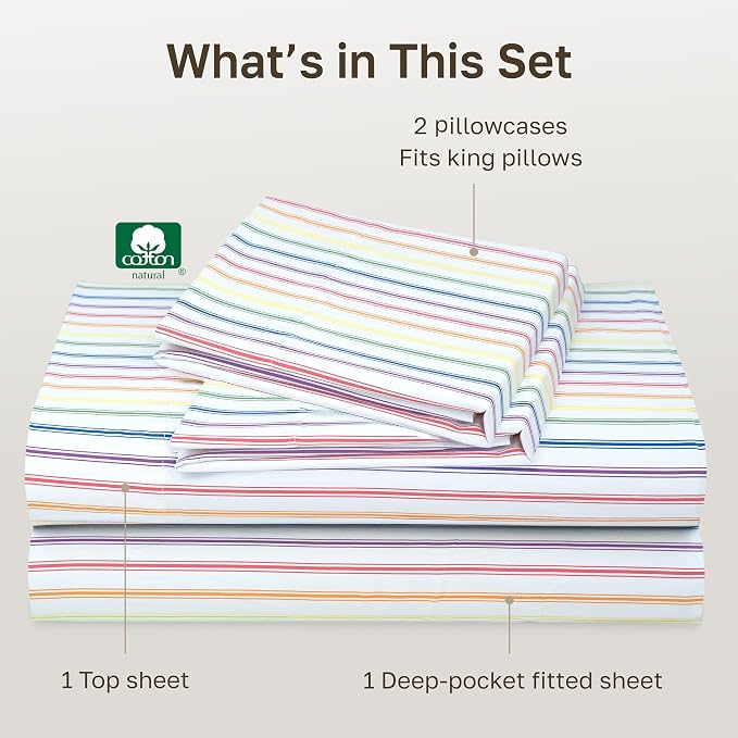 California Design Den Soft King Size 100% Cotton Sheet Sets, 400 TC Good Housekeeping Award Winner, Smooth Sateen Finish with Deep Pockets, Cozy and Durable King Bedding Set - Rainbow Stripe