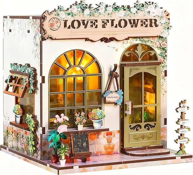 DIY Miniature House Kit, Flower Shop Book Nook Kit, Mini House Building Kit, Miniature Dollhouse Kit for Adults and Teens, 3D Wooden Puzzles with LED Light, Bookshelf Craft Kit for Family and Friends