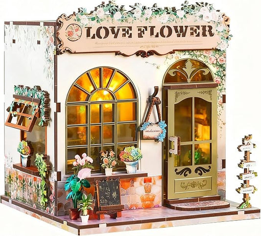 DIY Miniature House Kit, Flower Shop Book Nook Kit, Mini House Building Kit, Miniature Dollhouse Kit for Adults and Teens, 3D Wooden Puzzles with LED Light, Bookshelf Craft Kit for Family and Friends