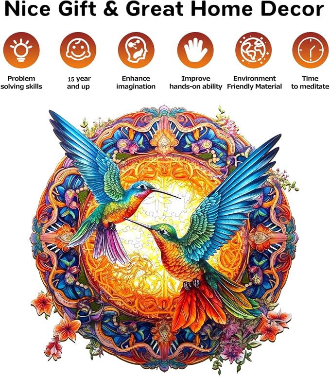 Jigfoxy Wooden Puzzles for Adults, Hummingbird Wooden Jigsaw Puzzles, Unique Animal Shape Puzzles, Christmas Thanksgiving Gifts for Family Friend(M-11.8 * 11.8in-200psc)