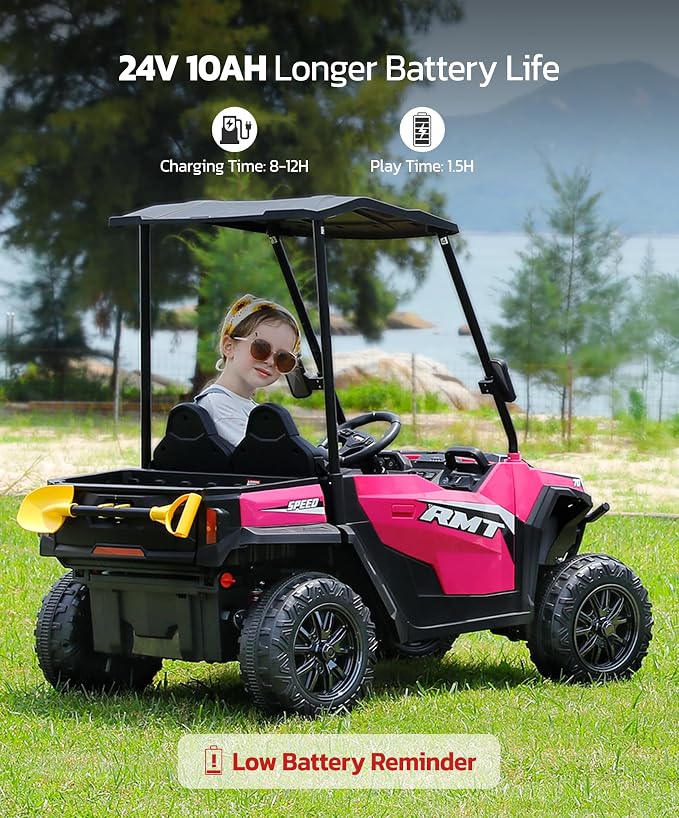 ELEMARA 24V Ride on Toy for Big Kids,Ride on Car 2 Seater w/Sun Shade,Dump Bed & Shovel,4.5MPH,4WD Electric Car for Kids,Battery Car w/Remote,Kids Ride on Truck,3 Speeds,LED Lights,Bluetooth, Pink