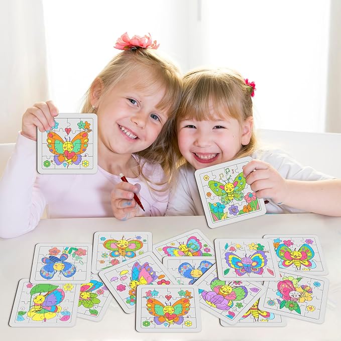 Cinrobiye 24 Pcs Butterfly Coloring Puzzle Craft Kit for Kids, DIY Butterfly Jigsaw Puzzles Bulk with 12 Designs, Spring Arts and Crafts Activities for Classroom Birthday Party Favors School Rewards