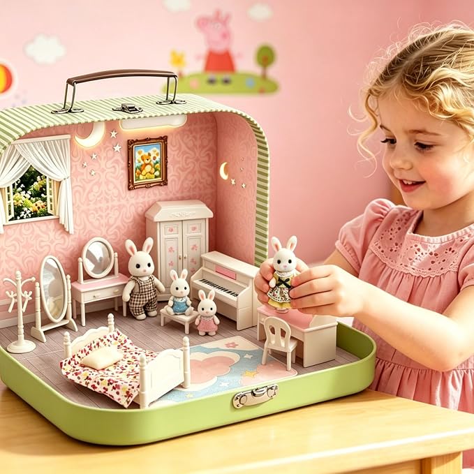 Dollhouse Bedroom Furniture Accessories Suitcase Set for Kids, Miniature Bed Wardrobe Dressing Mirror Piano Chair Table & 4 Flexible Dolls, Pretend Play Toy for Girls Ages 3+ (Girls' Bedroom)