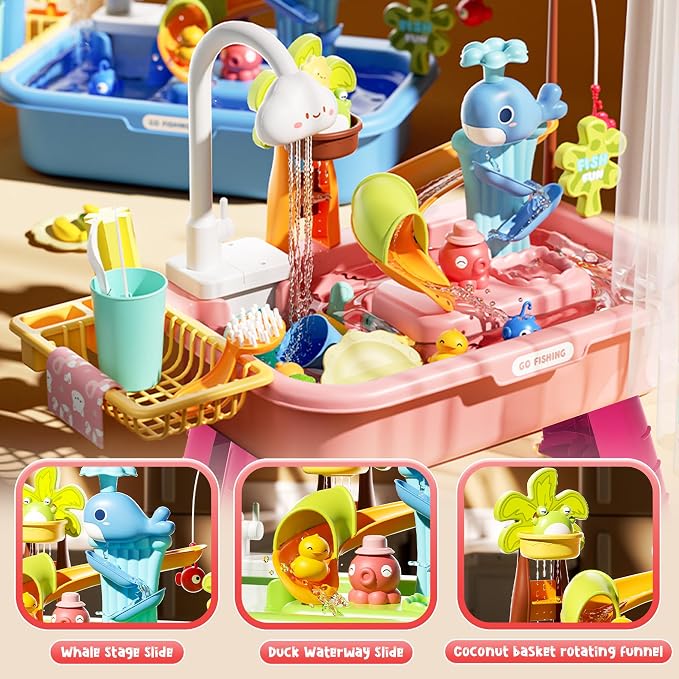 Upgraded Toddler Sand Water Table Toy with Electric Water Pump, Kids Sand Water with Faucet/Play Food Accessories/Fishing Toy, Kitchen Play Sink Toys for Girl Boy Age 3+ (Pink)