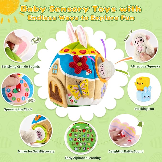 Baby Toys 6-12-18 Months - My First Plush Bunny Burrow with Stuffed Animals, Rattle, Crinkle, Teether, Montessori Sensory Toys for Babies Toddlers 1-3, Baby Block Stacking Toy for Boys Girls Gifts