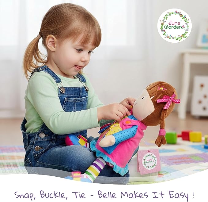 June Garden 15.5" Dressy Friends Belle - Educational Stuffed Plush Doll for Kids and Toddlers 2 Years and Up - Montessori Buckle Soft Toy